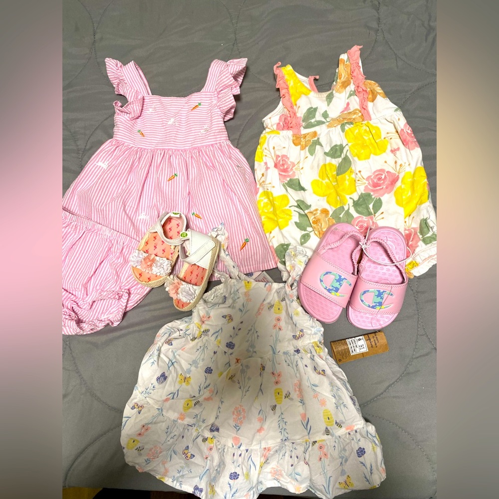 Dress pink size 6/9. Dress white 12m , flowers 12m, champion6c  flowers 6/9